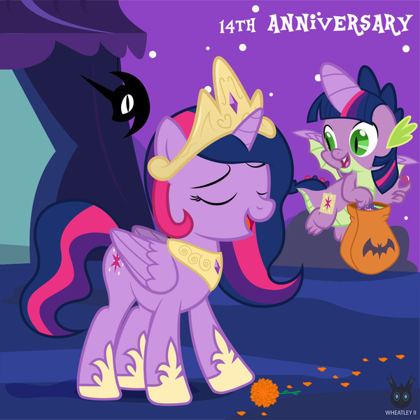 Size: 1418x1418 | Tagged: safe, artist:wheatley r.h., derpibooru import, spike, twilight sparkle, twilight sparkle (alicorn), alicorn, dragon, pony, alicorn costume, candy, cempasúchil, clothes, costume, crown, derpibooru exclusive, duo, duo male and female, eyes closed, fake cutie mark, fake horn, fake wings, female, flower, folded wings, food, image, jewelry, jpeg, male, mare, mlp fim's fourteenth anniversary, night, night sky, nightmare night, nightmare night costume, nightmare night symbol, regalia, sky, twilight sparkle costume, vector, watermark, winged spike, wings