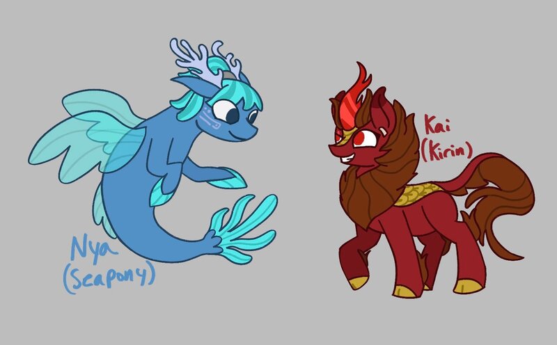 Size: 1575x977 | Tagged: safe, artist:toothpaste_spl, derpibooru import, oc, oc:kai, oc:nya, unofficial characters only, kirin, sea pony, seapony (g4), coral, dorsal fin, duo, fin, fin wings, fins, fish tail, flowing mane, flowing tail, gray background, grin, image, jpeg, looking at each other, looking at someone, raised hoof, simple background, smiling, smiling at each other, tail, wings