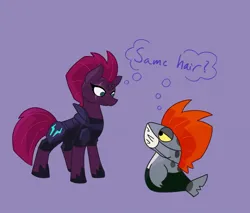 Size: 1505x1280 | Tagged: safe, artist:toothpaste_spl, derpibooru import, tempest shadow, pony, unicorn, g4, broken horn, clothes, crossover, duo, horn, image, jpeg, looking at each other, looking at someone, mask, purple background, salmonid, simple background, splatoon