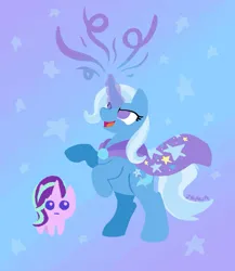 Size: 1499x1723 | Tagged: safe, artist:toothpaste_spl, derpibooru import, starlight glimmer, trixie, pony, g4, abstract background, autism creature, cape, clothes, duo, duo female, female, frown, image, jpeg, magic, open mouth, open smile, rearing, smiling, trixie's cape