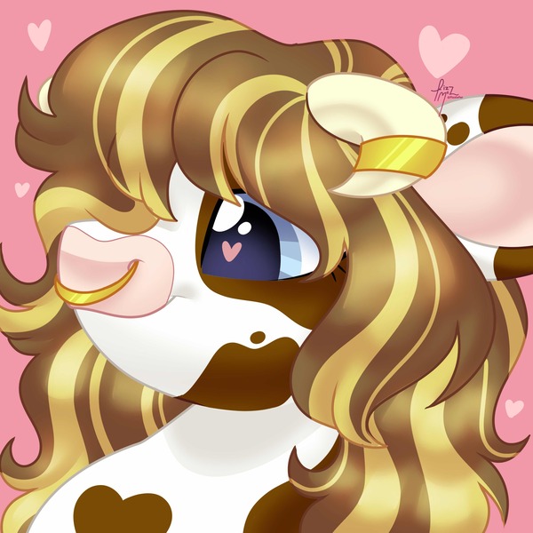 Size: 4000x4000 | Tagged: safe, artist:fizzlefer, derpibooru import, oc, oc:biscuit, unofficial characters only, cow, cow pony, earth pony, pony, blue eyes, body markings, bovine, brown hair, brown markings, cow oc, crossbreed, ear markings, horns, icon, image, jewelry, jpeg, long hair, long mane, matching icon, simple background, solo, white coat