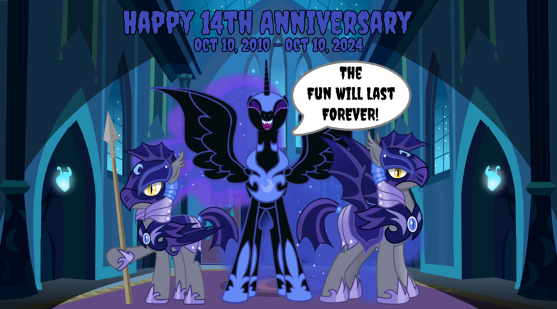 Size: 1800x1000 | Tagged: safe, artist:miketheelephantbrony, artist:sofunnyguy, artist:vector-brony, derpibooru import, nightmare moon, castle of the royal pony sisters, image, mlp fim's fourteenth anniversary, night guard, png