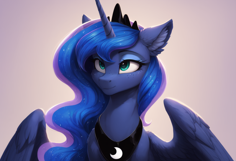 Size: 2432x1664 | Tagged: safe, ai content, anonymous prompter, derpibooru import, machine learning generated, princess luna, alicorn, pony, g4, cute, ear fluff, ethereal mane, feathered wings, freckles, image, png, smiling, solo, spread wings, starry mane, wings