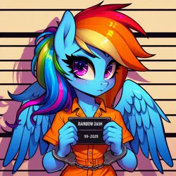 Size: 1024x1024 | Tagged: safe, ai content, derpibooru import, machine learning generated, rainbow dash, anthro, g4, arrested, blushing, cuffs, freckles, generator:bing image creator, generator:dall-e 3, handcuffed, image, jail, jpeg, looking at you, mugshot, solo