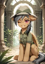 Size: 1592x2240 | Tagged: safe, ai content, derpibooru import, machine learning generated, prompter:bluetoothworld, daring do, pegasus, pony, bush, clothes, column, day, female, forest, hat, image, jungle, looking at you, mare, nature, one eye closed, png, ruins, sitting, smiling, smiling at you, solo, tree, wings, wink