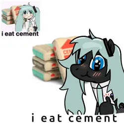 Size: 1000x1000 | Tagged: safe, artist:wren, derpibooru import, oc, oc:fanonlilly, ponified, unofficial characters only, human, pony, anime, blushing, cement, clothes, content, cosplay, costume, eating, female, hatsune miku, hoof fingers, image, looking at you, mare, meme, necktie, png, ponified meme, simple background, thumbs up, vocaloid, white background, wig