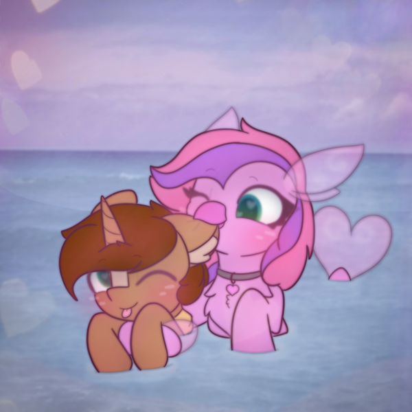 Size: 2664x2664 | Tagged: safe, artist:sodapop sprays, derpibooru import, oc, oc:copper core, oc:lilac, unofficial characters only, hippogriff, pony, unicorn, beach, biting, ear bite, hawaii, hippogriff oc, horn, image, one eye closed, png, swimming, wink