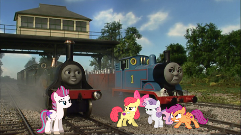 Size: 1438x808 | Tagged: artist needed, safe, anonymous artist, artist:ariados4711, artist:ex-machinart, artist:kuren247, artist:laszlvfx, artist:zacatron94, derpibooru import, apple bloom, scootaloo, sweetie belle, zipp storm, earth pony, pegasus, pony, unicorn, g4, g5, angry, apple bloom's bow, bow, crossover, cutie mark crusaders, emily the emerald engine, emily the emerald stirling engine, female, filly, foal, g5 to g4, generation leap, grin, gritted teeth, hair bow, headcanon, headcanon in the description, horn, image, locomotive, male, mare, png, smiling, smirk, smug, spread wings, story included, teeth, thomas and friends, thomas the tank engine, train, wings