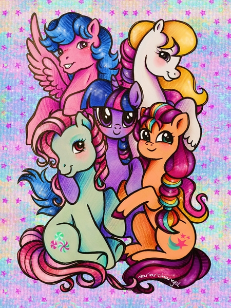 Size: 2250x3000 | Tagged: safe, artist:dariarchangel, derpibooru import, firefly, light heart, minty, sunny starscout, twilight sparkle, earth pony, pegasus, pony, unicorn, g1, g2, g3, g4, g5, abstract background, adorable face, bangs, blue mane, blue tail, blushing, c:, colored hooves, cute, cute face, cute smile, female, g1betes, g2betes, g3betes, generation leap, generational ponidox, group, group photo, group picture, group shot, happy, holding hooves, hoof on head, hooves, horn, hug, image, jpeg, long tail, looking at each other, looking at someone, looking at you, looking up, mane stripe sunny, mare, mint coat, mintabetes, multicolored hair, multicolored mane, multicolored tail, orange coat, patterned background, pegasus wings, pink eyes, pink hair, pink mane, pink tail, precious, purple coat, purple eyes, raised hoof, show accurate, sitting, smiling, spread wings, stars, straight hair, straight mane, sunny and her heroine, sunnybetes, sweet dreams fuel, tail, three toned hair, three toned mane, traditional art, twiabetes, unicorn twilight, unshorn fetlocks, wavy hair, wavy mane, wavy tail, weapons-grade cute, white coat, wholesome, wings