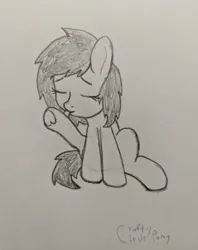 Size: 2944x3716 | Tagged: safe, artist:craftycirclepony, derpibooru import, oc, oc:anonfilly, unofficial characters only, pony, behaving like a cat, cute, eyes closed, female, filly, foal, image, jpeg, licking, licking leg, pencil drawing, sitting, solo, tongue out, traditional art, underhoof