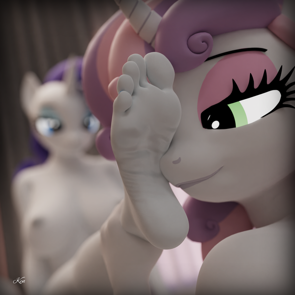 Size: 3840x3840 | Tagged: questionable, artist:kenaga, ponerpics import, rarity, sweetie belle, anthro, 3d, breasts, duo, duo female, feet, female, fetish, foot fetish, foot focus, foot worship, image, nipples, nudity, older, older sweetie belle, png, soles, toes