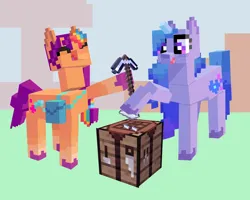 Size: 1850x1483 | Tagged: safe, artist:aztrial, derpibooru import, izzy moonbow, sunny starscout, earth pony, pony, unicorn, g5, chest, cute, duo, duo female, eyes closed, female, horn, image, izzybetes, mane stripe sunny, mare, minecraft, pickaxe, png, sunnybetes, unitober 2024