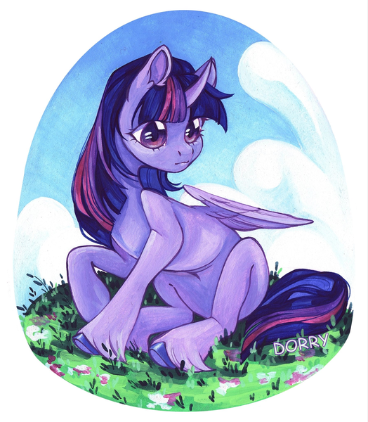 Size: 1789x2048 | Tagged: safe, artist:dorry, derpibooru import, twilight sparkle, twilight sparkle (alicorn), alicorn, pony, g4, cloud, colored, colored hooves, ear fluff, female, flower, gouache, grass, grass field, hooves, image, looking sideways, nature, png, sitting, sky, solo focus, traditional art, unshorn fetlocks