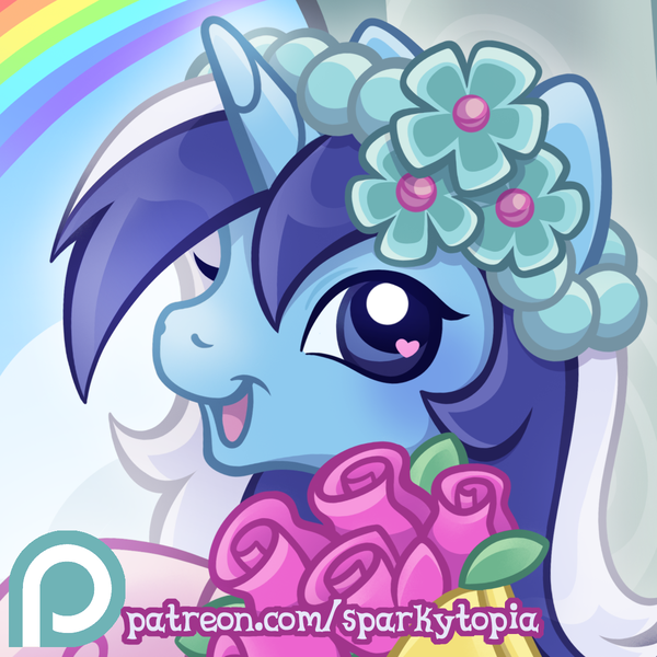 Size: 1200x1200 | Tagged: safe, artist:sparkytopia, derpibooru import, minuette, pony, unicorn, a canterlot wedding, g3, g4, advertisement, bouquet, clothes, dress, female, flower, g3.5, g4 to g3, g4 to g3.5, generation leap, headband, horn, image, looking at you, mare, open mouth, open smile, patreon, patreon link, patreon preview, patreon reward, png, rainbow, smiling, solo, wingding eyes