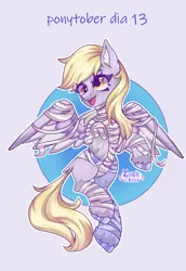 Size: 1984x2880 | Tagged: safe, artist:zackchibi, derpibooru import, derpy hooves, pegasus, pony, derp, female, image, mare, mummy, mummy costume, open mouth, open smile, png, signature, smiling, solo, spread wings, wings