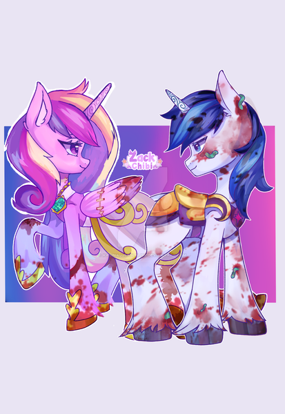 Size: 1280x1859 | Tagged: safe, artist:zackchibi, derpibooru import, princess cadance, shining armor, alicorn, human, pony, unicorn, worm, g4, armor, blood, clothes, costume, deviantart watermark, dress, female, halloween, halloween costume, holiday, horn, humanized, image, lidded eyes, male, mare, obtrusive watermark, passepartout, png, ponytober 2024, saddle, ship:shiningcadance, shipping, stallion, straight, tack, turned head, unshorn fetlocks, watermark, wedding dress, zombie costume