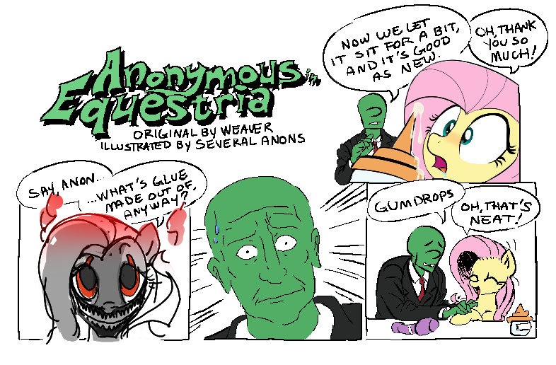 Size: 786x516 | Tagged: safe, artist:anonymous, artist:weaver, derpibooru import, fluttershy, oc, oc:anon, human, pony, g4, /create/, 4 panel comic, anon in equestria, blatant lies, collaboration, colored, comic, crutches, dialogue, eyes closed, female, glue, image, innocent, lying, mare, nose blush, open mouth, painfully innocent fluttershy, png, redraw, simple background, sweat, sweatdrop, weaver you magnificent bastard, white background