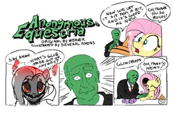 Size: 786x516 | Tagged: safe, artist:anonymous, artist:weaver, derpibooru import, fluttershy, oc, oc:anon, human, pony, g4, /create/, 4 panel comic, anon in equestria, blatant lies, collaboration, colored, comic, crutches, dialogue, eyes closed, female, glue, image, innocent, lying, mare, nose blush, open mouth, painfully innocent fluttershy, png, redraw, simple background, sweat, sweatdrop, weaver you magnificent bastard, white background