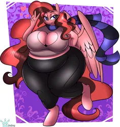 Size: 4742x5026 | Tagged: suggestive, artist:allicoot, artist:waspm0ther, derpibooru import, oc, oc:scarlett blade, anthro, pegasus, pony, unguligrade anthro, belly, breasts, chubby, clothes, fat, hooves, image, png, scarf, socks, thigh highs, wings