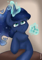 Size: 540x764 | Tagged: safe, artist:lucajcart, derpibooru import, princess luna, alicorn, pony, dice, dungeons and dragons, ethereal mane, female, glow, glowing horn, hoof under chin, horn, image, lidded eyes, looking at you, magic, mare, pen and paper rpg, png, rpg, signature, smiling, solo, table, telekinesis