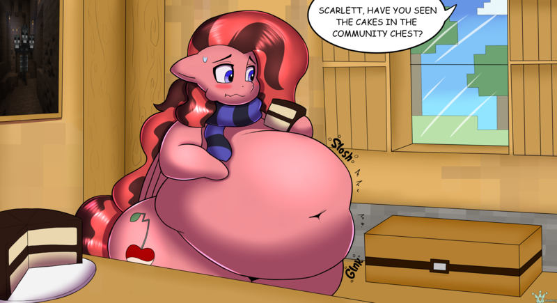 Size: 4960x2694 | Tagged: questionable, artist:ahobobo, artist:waspm0ther, derpibooru import, oc, oc:scarlett blade, pegasus, pony, belly, belly button, big belly, cake, chubby, clothes, fat, female, food, hooves, huge belly, image, minecraft, obese, overweight, png, scarf, stuffed, stuffed belly, thighs, wings