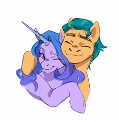 Size: 1488x1524 | Tagged: safe, artist:rowankitten, derpibooru import, hitch trailblazer, izzy moonbow, earth pony, pony, unicorn, g5, duo, duo male and female, eyes closed, female, horn, hug, image, jpeg, male, mare, one eye closed, ship:moontrail, shipping, simple background, smiling, stallion, straight, white background