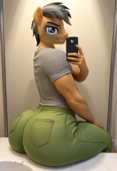 Size: 6656x9728 | Tagged: suggestive, ai content, derpibooru import, generator:autismmixconfetti, machine learning generated, prompter:kovasfox, stable diffusion, quibble pants, anthro, earth pony, ass, butt, butt focus, clothes, image, large butt, male, male focus, males only, mirror selfie, png, quibble butts, selfie, solo, solo focus, solo male