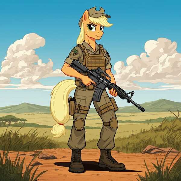 Size: 1024x1024 | Tagged: safe, ai content, derpibooru import, generator:google imagen 3.0, machine learning generated, prompter:zerowinger, applejack, anthro, earth pony, plantigrade anthro, series:g.i. pony: a real equestrian hero, g4, assault rifle, clothes, cloud, cosplay, costume, fatigues, female, g.i. joe, grassland, gun, image, jpeg, leatherneck, marine, marines, military uniform, rifle, sky, smiling, solo, special mission brazil, uniform, vest, weapon