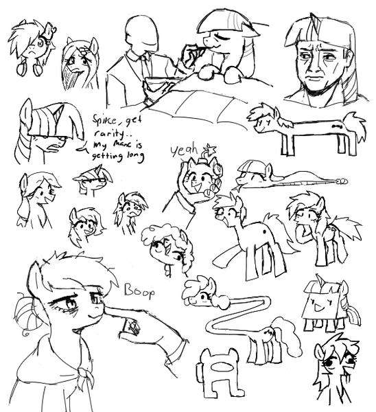 Size: 570x624 | Tagged: safe, artist:kabayo, derpibooru import, applejack, twilight sparkle, oc, oc:anon, earth pony, human, pony, unicorn, amogus, among us, black and white, bomb, boop, disembodied hand, drool, female, grayscale, hair over eyes, hand, horn, human male, image, long pony, male, mare, meme, monochrome, older, older applejack, png, shawl, sick, simple background, tsuchinoko, unicorn twilight, weapon, white background