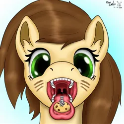 Size: 1280x1280 | Tagged: suggestive, artist:minicookiewolf, derpibooru import, pony, cookie, female, food, giantess, image, jpeg, macro, macro/micro, maw, mawshot, minicookiewolf, open mouth, size difference, tongue out, uvula, vore