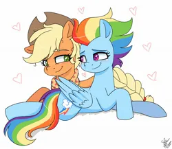 Size: 2048x1780 | Tagged: safe, artist:galaxy swirl, derpibooru import, applejack, rainbow dash, earth pony, pegasus, pony, g4, the last problem, appledash, applejack's hat, blushing, cowboy hat, duo, duo female, female, folded wings, freckles, hat, heart, image, jpeg, lesbian, looking at each other, looking at someone, lying down, mare, older, older applejack, older rainbow dash, prone, shipping, signature, simple background, smiling, smiling at each other, sploot, tail, white background, wings