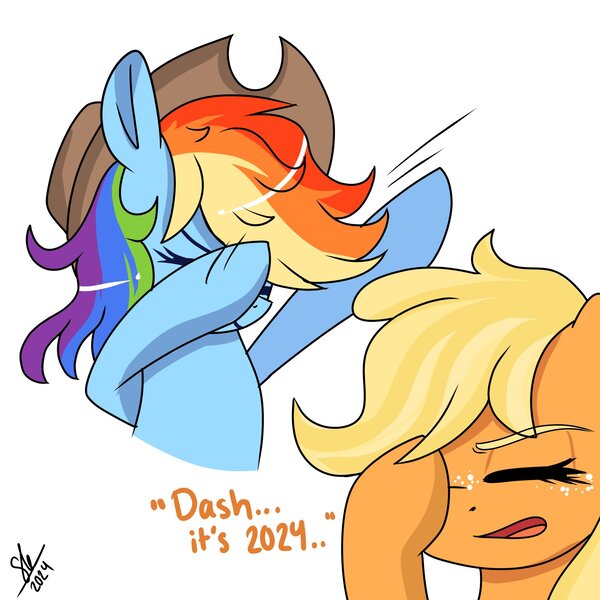 Size: 2048x2048 | Tagged: safe, artist:galaxy swirl, derpibooru import, applejack, rainbow dash, earth pony, pegasus, pony, g4, accessory swap, appledash, applejack's hat, cowboy hat, dab, duo, duo female, eyes closed, facepalm, female, freckles, hat, high res, image, jpeg, lesbian, mare, open mouth, shipping, signature, simple background, white background