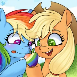 Size: 2048x2048 | Tagged: safe, artist:galaxy swirl, derpibooru import, applejack, rainbow dash, earth pony, pegasus, pony, g4, :p, apple, apple eyes, appledash, applejack's hat, cowboy hat, duo, duo female, eye clipping through hair, eyebrows, eyebrows visible through hair, female, food, freckles, hat, high res, image, jpeg, lesbian, looking at something, mare, open mouth, open smile, shipping, signature, smiling, tongue out, wingding eyes, zap apple