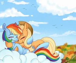 Size: 2048x1701 | Tagged: safe, artist:galaxy swirl, derpibooru import, applejack, rainbow dash, earth pony, pegasus, pony, g4, appledash, applejack's hat, blushing, cloud, cowboy hat, duo, duo female, eyes closed, female, freckles, hat, image, jpeg, lesbian, lying down, lying on a cloud, mare, on a cloud, on back, outdoors, shipping, signature, sky, smiling, snuggling, tail