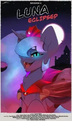 Size: 1795x3000 | Tagged: safe, artist:skitsniga, derpibooru import, princess luna, alicorn, bat pony, bat pony alicorn, pony, g4, luna eclipsed, bat ponified, bat wings, blue eyes, blue mane, clothes, crown, dress, ethereal mane, fangs, female, flowing mane, glow, glowing eyes, horn, image, jewelry, looking at you, lunabat, mare, moon, night, open mouth, open smile, png, race swap, regalia, smiling, smiling at you, solo, starry mane, wings