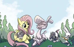 Size: 3332x2104 | Tagged: safe, artist:lytlethelemur, derpibooru import, angel bunny, fluttershy, dog, pegasus, pony, sheep, them's fightin' herds, g4, cloven hooves, community related, crossover, eyes closed, female, folded wings, grass, group, high res, image, jpeg, lamb, lying down, mare, pom (tfh), prone, puppy, quartet, smiling, tree, wings