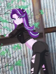 Size: 900x1200 | Tagged: safe, artist:riouku, derpibooru import, starlight glimmer, human, equestria girls, g4, ass, bedroom eyes, butt, clothes, commission, eyeshadow, female, goth, grin, hairband, image, jacket, jeans, leather, leather jacket, makeup, pants, png, ripped jeans, ripped pants, smiling, solo, torn clothes