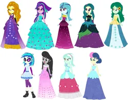 Size: 1547x1213 | Tagged: safe, artist:krystal-red-squirrel, artist:selenaede, derpibooru import, adagio dazzle, aria blaze, bon bon, juniper montage, lyra heartstrings, octavia melody, sonata dusk, sweetie drops, vinyl scratch, wallflower blush, human, equestria girls, g4, blue dress, boots, clothes, dress, ear piercing, earring, fingerless gloves, flower, flower in hair, gloves, green dress, hair bun, hairstyle, headband, headphones, image, jewelry, necklace, open mouth, piercing, pink dress, png, purple dress, shoes, simple background, smiling, sparkly dress, strapless, the dazzlings, white background