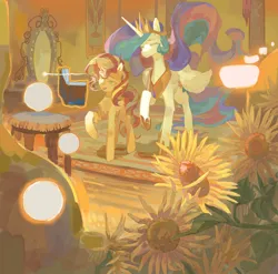 Size: 2776x2744 | Tagged: safe, derpibooru import, princess celestia, sunset shimmer, alicorn, pony, unicorn, book, duo, female, flower, horn, image, jpeg, levitation, magic, magic mirror, mare, sunflower, telekinesis