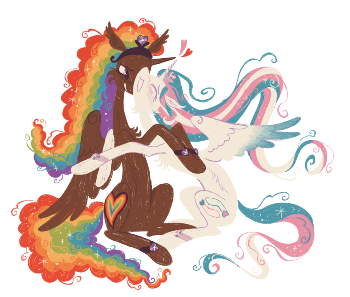 Size: 1854x1574 | Tagged: safe, artist:peaceandlove26, derpibooru import, oc, oc:princess aplomb, oc:princess varia, unofficial characters only, alicorn, pony, alicorn oc, blue wingtips, blush scribble, blushing, body fluff, bracelet, brown coat, brown eyelashes, cheek fluff, colored eyelashes, colored pupils, colored wings, colored wingtips, curly mane, curly tail, duo, duo female, ear tufts, ethereal mane, ethereal tail, female, female oc, floating heart, flowing mane, flowing tail, gay pride flag, gradient wings, heart, horn, hug, image, jewelry, kissing, lesbian, long hooves, long horn, long legs, long mane, long neck, long tail, looking at someone, mare, mare oc, married couple, married couples doing married things, matching bracelets, multicolored hair, multicolored mane, oc x oc, partially open wings, png, pride, pride flag, princess oc, profile, purple eyelashes, purple eyes, rainbow hair, rainbow tail, shipping, simple background, sitting, slender, smiling, spread wings, tail, thin, three toned mane, three toned tail, transgender pride flag, transparent background, two toned eyes, unicorn horn, wall of tags, wavy mane, wavy tail, white coat, wings, wives