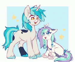 Size: 4096x3383 | Tagged: safe, artist:cheekipone, ponerpics import, oc, unofficial characters only, pony, unicorn, braid, duo, female, hair tie, horn, image, jpeg, looking at each other, male, mare, open smile, passepartout, sitting, stallion, standing, starry eyes, stars, unicorn oc, unshorn fetlocks, wingding eyes