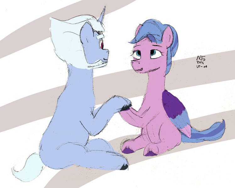 Size: 2969x2382 | Tagged: safe, artist:adamv20, derpibooru import, alphabittle (g5), queen haven, pegasus, unicorn, g5, female, horn, image, looking at each other, looking at someone, male, png, ship:alphahaven, shipping, straight, unitober 2024, unshorn fetlocks