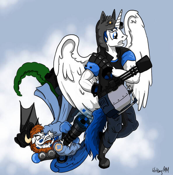 Size: 889x899 | Tagged: safe, artist:witkacy1994, derpibooru import, oc, unofficial characters only, alicorn, draconequus, flying, gun, image, jpeg, weapon