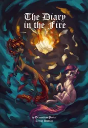 Size: 3000x4355 | Tagged: safe, artist:bultico, derpibooru import, oc, unofficial characters only, earth pony, pony, fanfic:the diary in the fire, book, burning, diary, duo, fanfic art, female, image, jpeg, male, mare, on fire, stallion