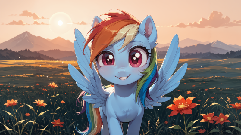 Size: 2720x1528 | Tagged: safe, ai content, derpibooru import, machine learning generated, prompter:bluetoothworld, rainbow dash, pegasus, pony, g4, cloud, female, flower, high res, image, looking at you, mare, png, sky, smiling, smiling at you, solo, spread wings, wallpaper, wings