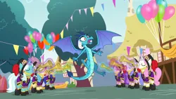 Size: 1920x1080 | Tagged: safe, derpibooru import, screencap, clarion call, cornetta, princess ember, sea swirl, seafoam, twinkleshine, unnamed character, unnamed pony, dragon, pony, unicorn, g4, triple threat, clothes, cute, eyes closed, female, glow, glowing horn, hat, horn, image, levitation, magic, magic aura, marching band uniform, mare, musical instrument, note flow, png, shocked, telekinesis, top hat, trumpet, uniform