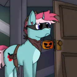 Size: 1052x1058 | Tagged: safe, artist:thomas.senko, derpibooru import, screencap, oc, oc:pink strawberry (the coco clan), unofficial characters only, pony, unicorn, blue skin, clothes, commission, costume, cowboy, cowboy hat, cutie mark, food, halloween, halloween costume, happy, hat, holiday, horn, image, male, pink mane, png, pumpkin, pumpkin bucket, purple eyes, solo, strawberry, trick or treat, ych result