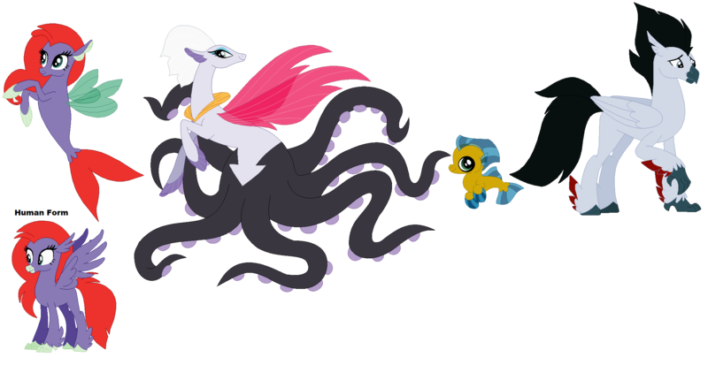 Size: 2200x1136 | Tagged: safe, artist:meghan12345, derpibooru import, classical hippogriff, hippogriff, monster pony, octopony, original species, seapony (g4), g4, baby seapony (g4), classical hippogriffied, eyeshadow, female, fins, flounder (the little mermaid), folded wings, group, hippogriffied, image, makeup, male, png, prince eric, princess ariel, seaponified, simple background, smiling, species swap, the little mermaid, transparent background, ursula, wings