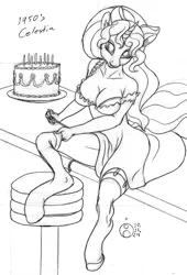 Size: 816x1200 | Tagged: suggestive, artist:sepiakeys, derpibooru import, princess celestia, anthro, unguligrade anthro, bra, cake, clothes, dress, female, food, image, monochrome, png, sketch, socks, solo, solo female, stockings, thigh highs, underwear