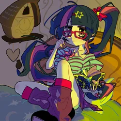 Size: 2048x2048 | Tagged: safe, artist:uu, derpibooru import, twilight sparkle, human, bed, book, bow, breasts, cel shading, clock, clothes, collared shirt, cuckoo clock, glasses, golden oaks library, hair bow, hairpin, heart, holding, humanized, image, jpeg, kneesocks, library, lighting, pillow, ponytail, shading, shirt, shoes, socks, solo, thin